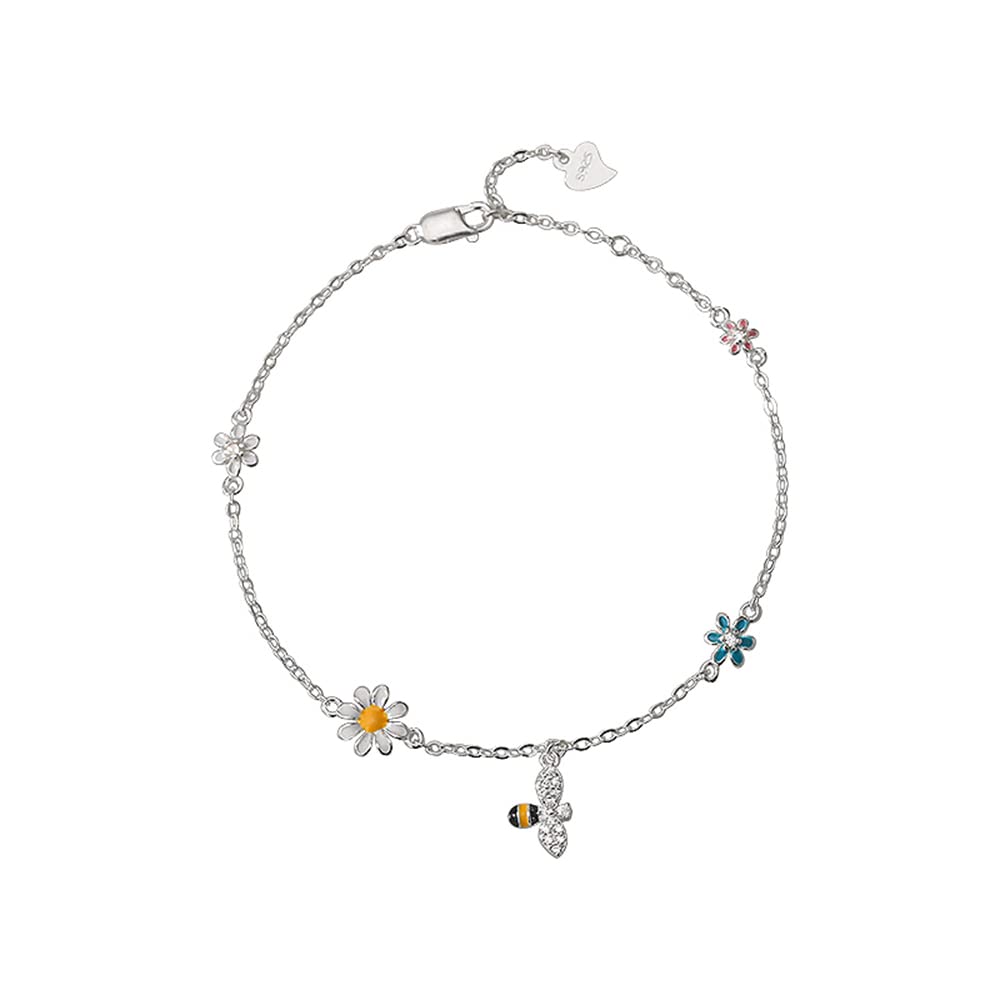 Izpack Cute Daisy Flowers Honeybee Sterling Silver Cubic Zirconia Bracelet - Silver with Colorful Crystals - 73 Inch Link Chain - Fine Jewelry -