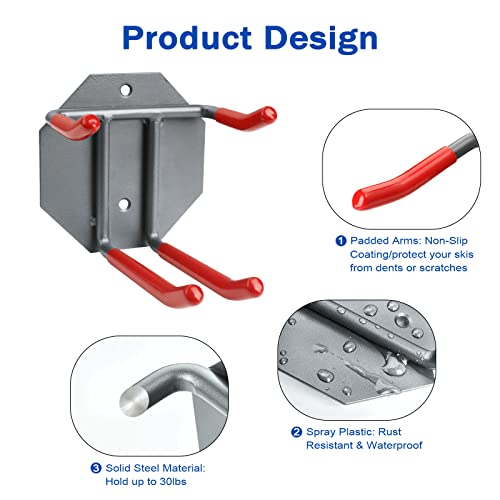 XBA-Wall-Mounted-Rack-Organizer-2-Pairs-of-Skis-and-Poles-Ski-Wall-Rack-Heavy-Duty-Ski-Garage-Storage-System-Rack-with-Padded-Hooks-Elastic-Cinch-Straps-Indoors-Outdoors-Home-Wall-Hooks
