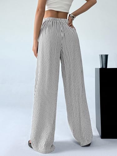 Verdusa Women's Striped Linen Pants Straight Leg Casual Lounge Pants with Pockets2
