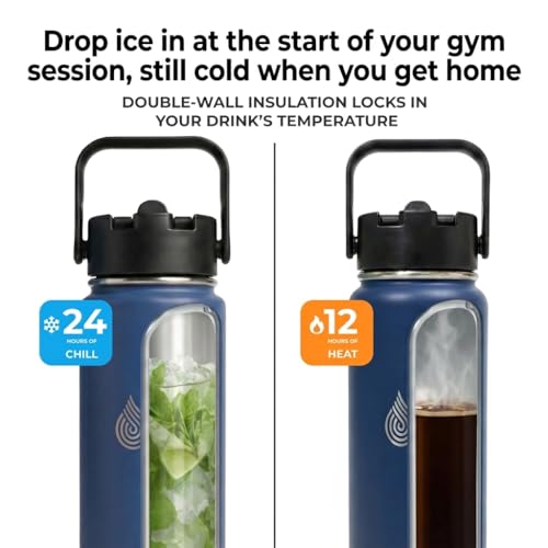 Insulated Metal Water Bottle with Straw 750ml- Stainless Steel Water Bottle, BPA Free, Dual Lid Straw & Spout, Leakproof, 24 Hours Cold & Hot, Work, Travel, Gym Bottle for Men & Women - Blue- Daydrate - Image 4
