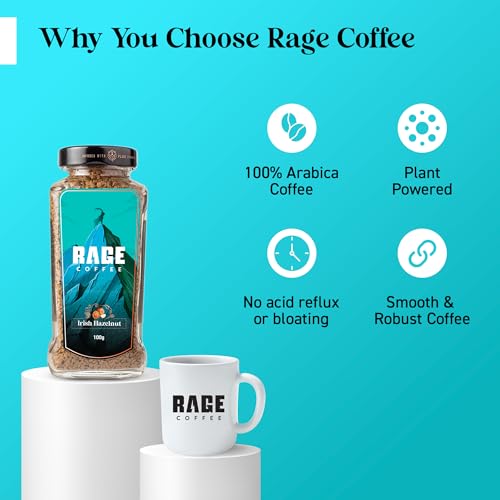 RAGE COFFEE Irish Hazelnut - Flavored Instant Coffee Powder for Both Hot & Cold Coffee, 100% Single Origin Arabica Coffee Beans Powder (IRISH HAZELNUT, 100gm)