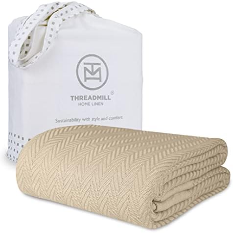Threadmill 100% Pure Cotton, Queen Size Beige Blanket - Herringbone Pattern, Lightweight, Soft & Cozy Premium Fall Throw Blanket for All Seasons, 350GSM & 90x92 with Free Tote Bag