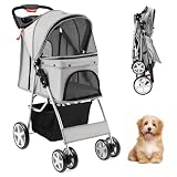 SOARS Hundebuggy, Hundewagen bis 15kg klappbar, Katzenwagen mit Netzfenstern & Getränkehalter & Aufbewahrungskorb, Haustier-Kinderwagen für kleine Haustiere (Grau)