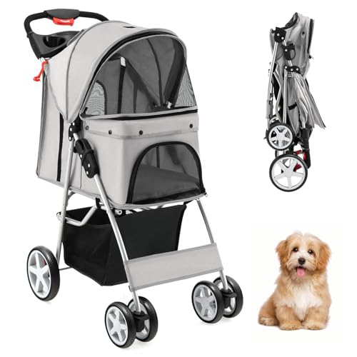 Poussette chien pliable SOARS jusqu'à 15 KG en gris avec fenêtre filet