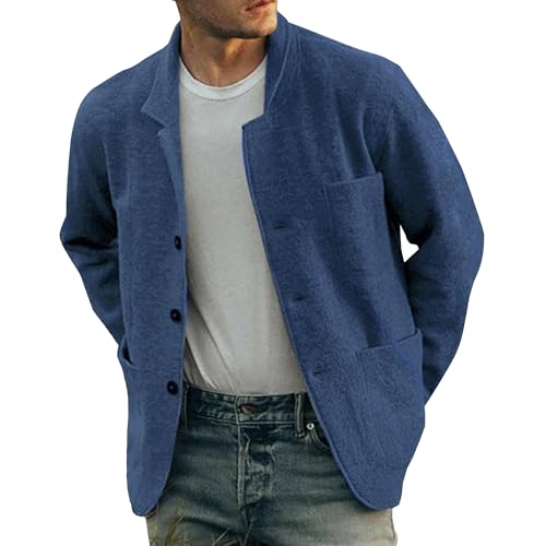 Qolkmuiy-GJ Men's Notched Lapel Single Breasted Cardigan Fashion Stand Collar Knitting Coat Soft Button Down Overshirt Coat (Blue,Medium)