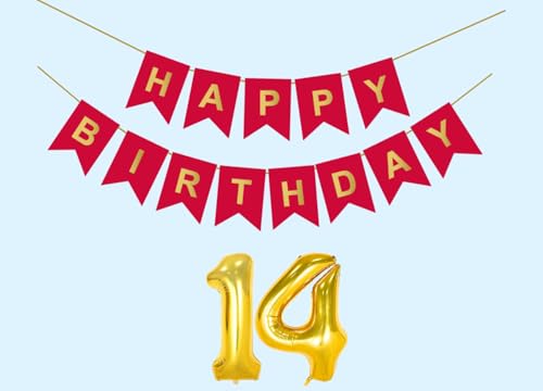 Image of 14th Happy Birthday Decoration Kit Red for 14 year Old Boys Girls Teenage with Number Fourteen Party Decorations Decor Celebration Items Item Set Combo Reusable Paper Banner