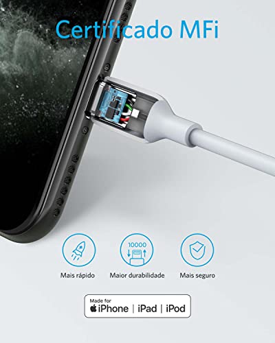 Cabo Anker USB-C para Lightning Certificado Apple MFi, PowerLine III Branco, 1.8 metro, 22x mais res