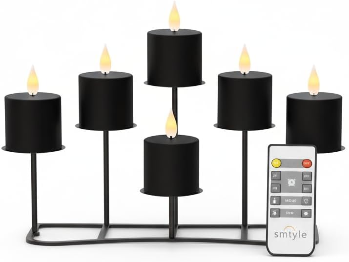 smtyle Christmas DIY 6 Fireplace Black Iron Candelabra Candleholder Bundle with Six 3"x3" Black Flickering Flameless Pillar Candles for Gothic Home Decorations
