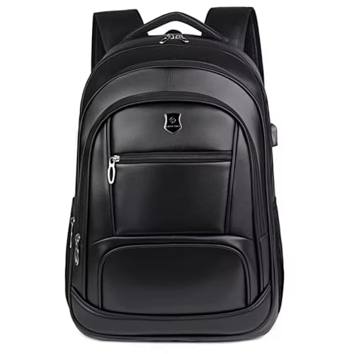 Mochila Masculina de Couro Preta, Impermeável, com Compartimento para Notebook, 46x32x17 cm (Modelo 1)