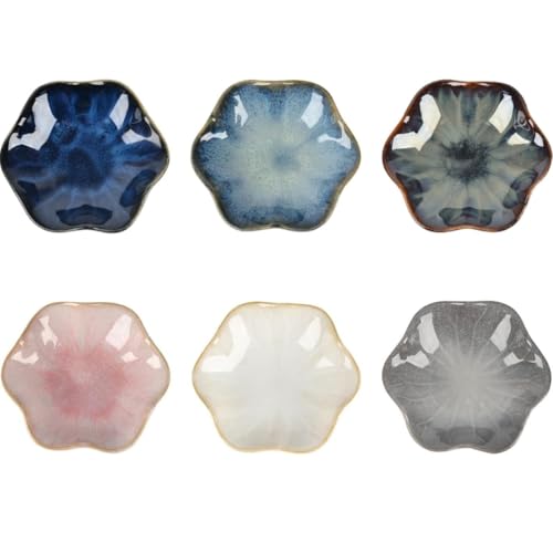 Ceramic Soy Sauce Dish set, Flower Dipping Bowls Set of 6, Chip and Dip Bowls, Flower Style 3 oz Round Small Dish for Dipping Sushi Tomato Soy Sauce Dish Condiment Petal-shaped