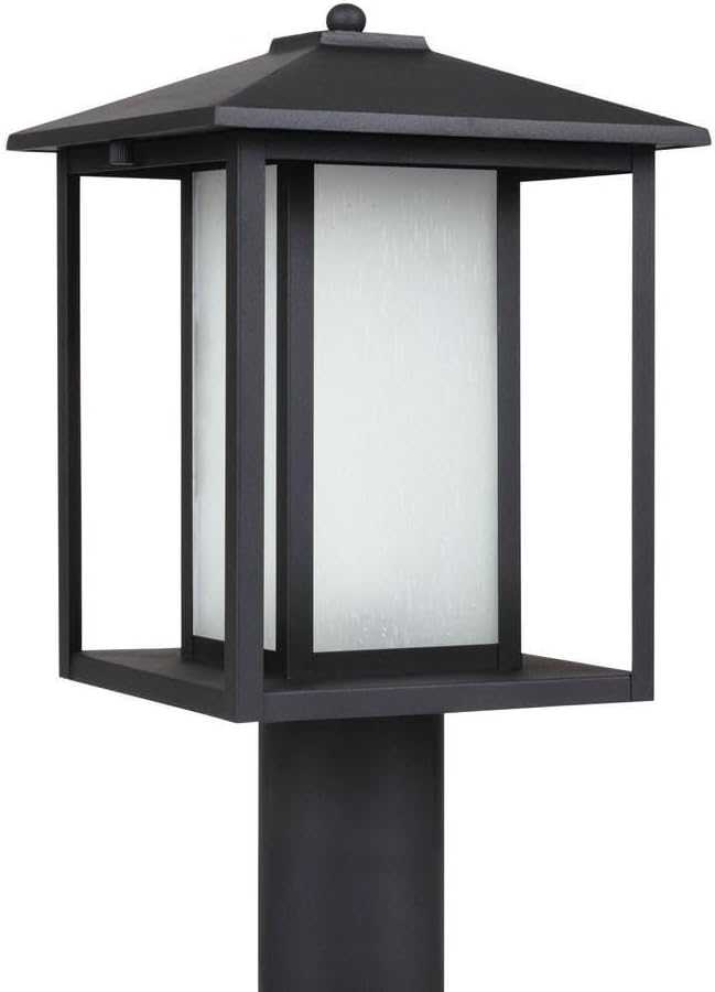 Generation Lighting 89129-12 Hunnington One Light Outdoor Post Lantern, Black, 15 Inch Height, Etched Seeded Glass Panels, Wet Rated, Contemporary Style, 1-Light