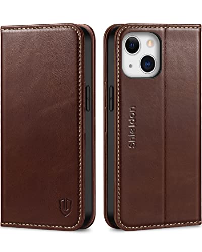 SHIELDON Folio Case for iPhone 13 6.1" 5G, Genuine Leather Wallet Magnetic Cover with [RFID Blocking][Kickstand][Card Holder] Protective Book Flip Case Compatible with iPhone 13 2021 - Retro Coffee