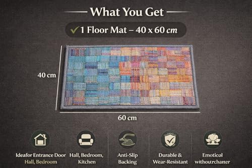 Image of Matz&More Nylon Tufted Gel Baking Anti-Slip Floor Mat | 40 x 60 cm | Multicolour Checkered Design | Doormat for Home Entrance, Kitchen & Bedroom