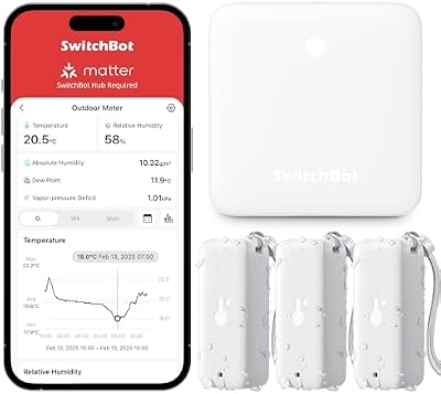 SwitchBot Termómetro Higrómetro WiFi 3-Pack c/Hub Mini, IP65 Impermeable, Sensor Temp./Humedad Interior Exterior, Notificaciones App, Almacenamiento Datos Gratis, compatible Alexa