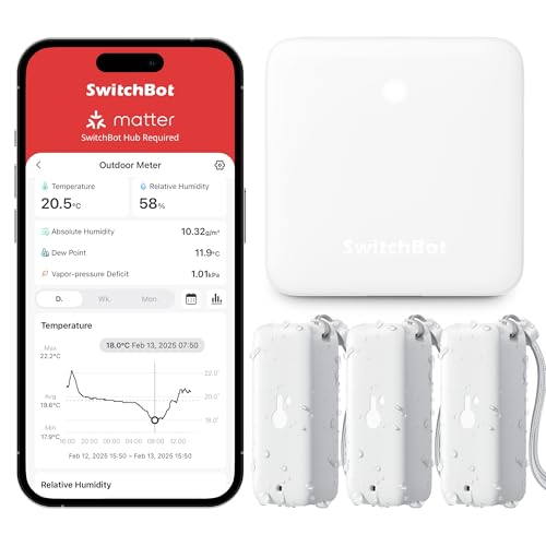 SwitchBot Termómetro Higrómetro WiFi 3-Pack c/Hub Mini, IP65 Impermeable, Sensor Temp./Humedad Interior Exterior, Notificaciones App, Almacenamiento Datos Gratis, compatible Alexa