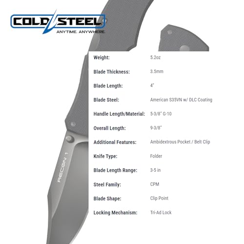 Image of COLD STEEL Recon 1 4 inch S35VN Razor-Sharp Blade 5.375 inch G-10 Handle Tactical Folding Knife w /Tri-Ad Lock, Ambidextrous Pocket /Belt Clip