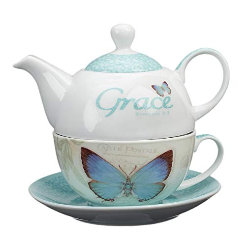 Christian Art Gifts Ceramic Teapot Set  Botanic Butterfly Blessings “Grace” – Ephesians 28  Turquoise Butterfly and Flower Tea For One Set w Tea Cup and Saucer