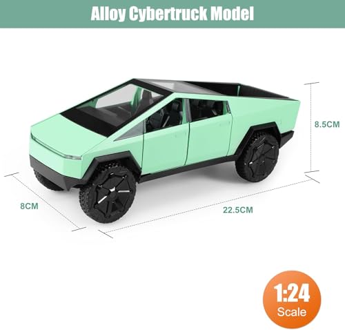 Image of 1 /24 Tesla Cybertruck Diecast Metal Toy Truck with Lights and Sounds, Mini Vehicle for Boys Ages 3 and Up, Realistic Design, Fun Educational Play, for Kids and Collectors (Green)