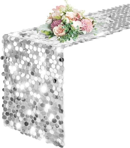 Chemin de Table de Noël, Chemin de Table à Paillettes Scintillant, 12 x 108 Pouces, Chemins de Tables Decoration Noël, Brillant Chemins de Tables, Chemines de Tabled à Paillettes (Argent)
