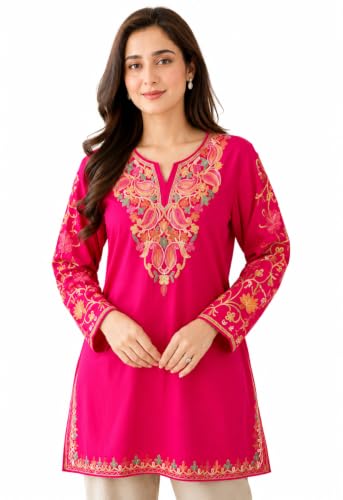 Image of HAUTEMODA Women Cotton Floral Embroidered Short Kurti, Tunic, Three-Fourth Sleeves, White