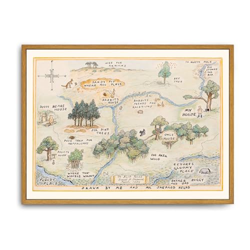 Iknostine Framed Wall Art Decor Canvas Vintage Prints Painting 100 Acre Wood Map Nursery Baby Children Gift Antique Aesthetic Artwork for Bedroom Bathroom Home Living Room (12