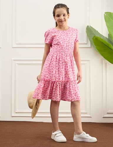 Image of Amazon Brand - Symbol Girl's Rayon Fit and Flare Kids Knee Length Printed Casual Dress (KD-DRG-SS25-123 Navy + Pink 8-10 Years)