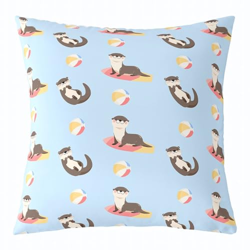 Cartoon Otter Kids Pillow Cover Colorful Ball Surfboard Summer Theme Cushion Cover for Boys Girls Teens Cute Kawaii Wild Animals Cushion Case for Bedroom Chairs 18x18 Inch