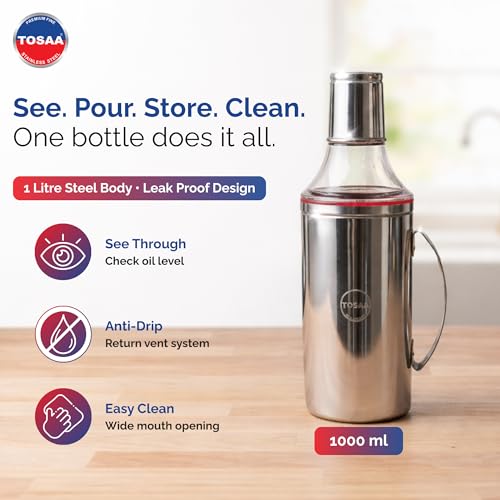 Image of Tosaa Stainless steel Oil dispenser 1000ml | Oil dispenser bottle with drip of Nozzel | Oil can with Handle | Oil Pourer | Pack of 1