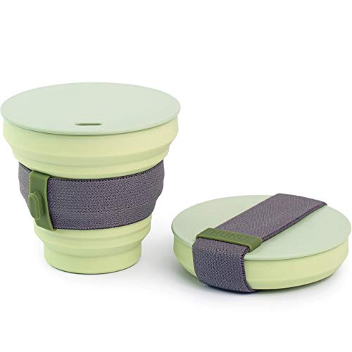 HuNu Collapsible Coffee Cup - Reusable and Portable Pocket-sized Silicone Cup with Lid - Leakproof and BPA Free - Reusable Cup, Travel Mug or Camping Cup - 9 oz (Sage Green)