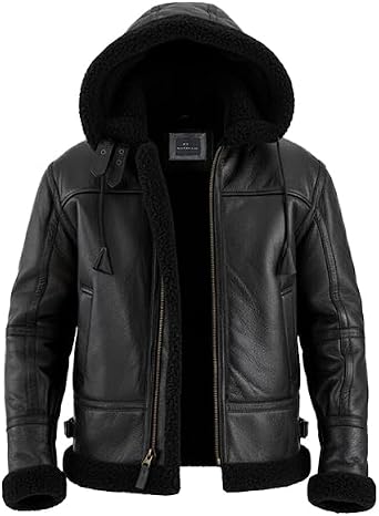 Men B3 Black Bomber Removable Hood Real Shearling Sheepskin Leather Aviator Flight Jacket