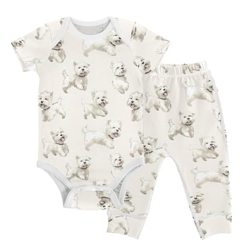 vvfelixl Baby Layette Sets Clothes,Cartoon West Highland Terriers Baby Bodysuits Set,Unisex Babys Pants Sets Short Sleeve 12-18M
