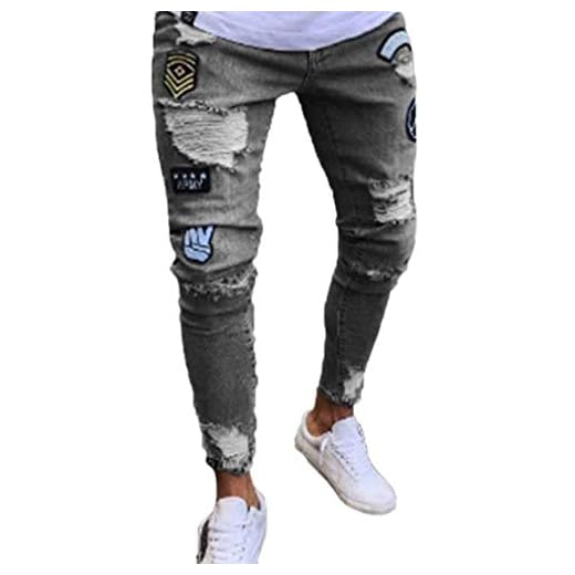 Herr hiphop streetwear jeans slitna hål stretch stängning modebyxor slitna hål denim jeans, GråA, S