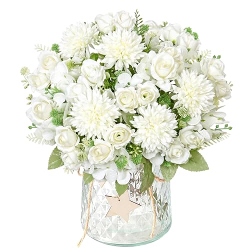 DEMIUKO 2 Bündel Künstliche Blumen Hortensien Kunstblumen Wie Echt Fake Blumenstrauß Weiß Kunstrosen Seidenblumen Rosenblumen Deko für Hochzeit Partei Küche Tischaufsätze Blumenarrangement Innendeko
