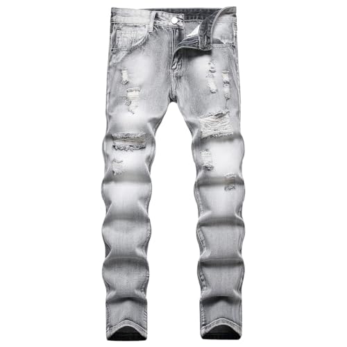 Men's Jeans Slim Fit Ripped Straight Leg Distressed Fashion Denim Pants Gray