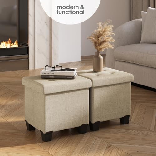 Storage Ottoman Cube with Small Bin, 15-in Square Ottoman with Storage for Living Room and Bedroom, Small Ottomans Foot Rest, Fabric Foot Stools Ottomans Max 330lbs, Beige by STORAGEBUD - Used condition - Image 2