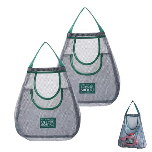 YAPKOLV Borsa in rete riutilizzabile e lavabile, Confezione da 2, Sacchetto per verdura, Grande in cotone, Sacca spiaggia, Biodegradabile per alimenti, frutta (Verde)
