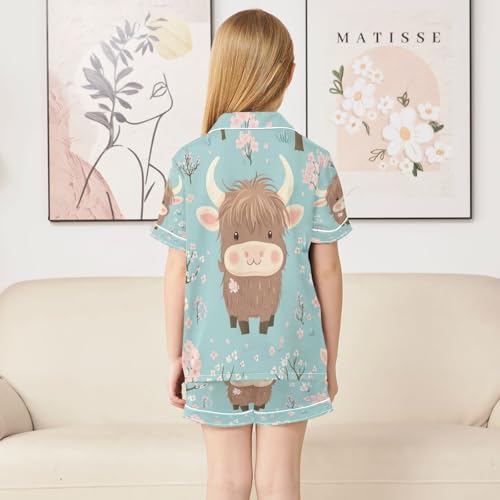 Satin Pajama Sets Short Sleeve Highland Cow and Cherry Blossom Button Down Silky Nightwear 2 Piece PJS 5-14Y4