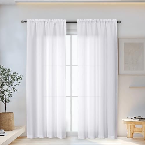 OWENIE Bob White Curtains 84 Inch Length 2 Panels Set for Living Room Bedroom, Light Filtering Rod Pocket Faux Linen Textured Curtain Drapes 84 inches Long, 2 Pcs Each 40Wx84L Inch, White