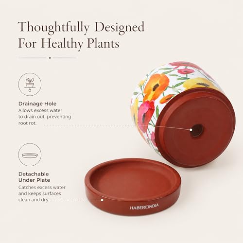 Image of Habere India-All the Cultures Fabricating India Floral Poppy Print Terracotta Planter with Saucer | Hand Painted Indoor Plant Pot | Breathable Clay Pot with Drainage Hole (Multi: L11 x W11 x H10 cm)