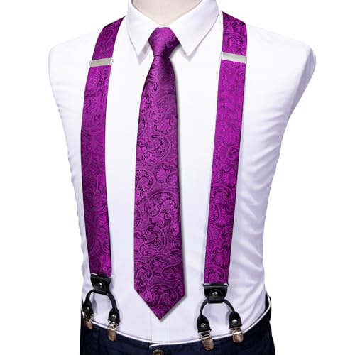 Image of Barry.Wang Men Suspender Set with Necktie Elastic Y Type Heavy Duty 6 Clips Braces Tie Handkerchief Cufflink Pin 6PCS