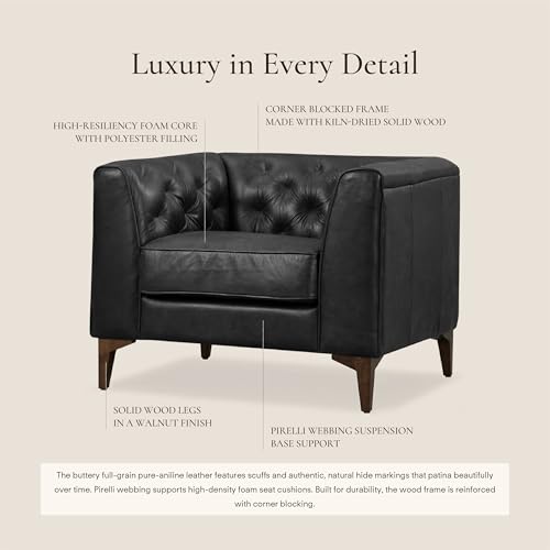 Image of POLY & BARK Essex 40 inch Lounge Chair - Onyx Black Full-Grain Pure-Aniline Italian Leather, Tufted Back & Arms, Feather-Down Cushions, Walnut Wood Legs