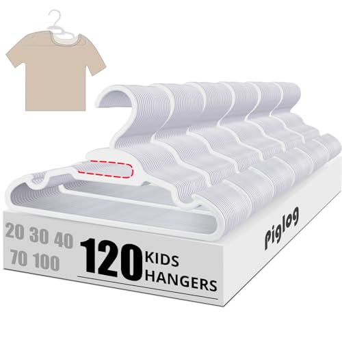 PIGLOG Perchas para niños, paquete de 120 perchas en forma de U, con cuello protector que no distorsiona al estirarse, perchas de plástico de 11.4 pulgadas que ahorran espacio para niños pequeños,
