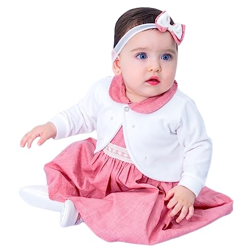 VESTIDO DE BEBÊ COM BOLERO COM DETALHE EM PÉROLA E TIARA 100% ALGODÃO - CAROL Tamanhos:G (6-12 Meses