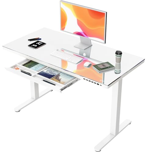 JUMMICO Glas Höhenverstellbarer Schreibtisch, Elektrischer Schreibtisch mit Schublade， 120x60 cm Steh-Sitz-Schreibtisch， Standing Desk für Homeoffice， Weiß