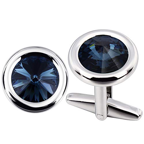 HAWSON Cufflinks Set for Men and Women Silver with Swarovski Crystal Cuff Links for Formal Business Wedding Shirts in Gift Box (Navy Blue)