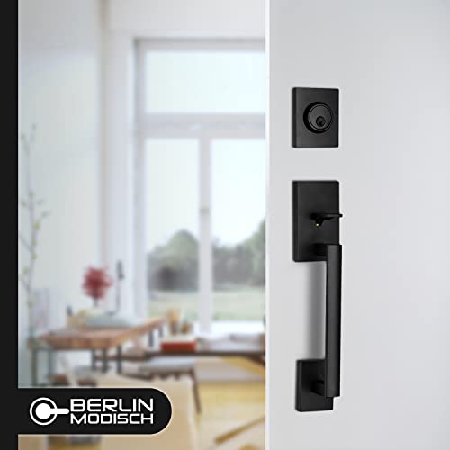 Image of Berlin Modisch HandleSet Front Door Entry Handle and Deadbolt Lock Set Slim Square Single Cylinder Deadbolt and Lever Reversible for Right & Left Sided Doors Heavy Duty - Iron Black Finish