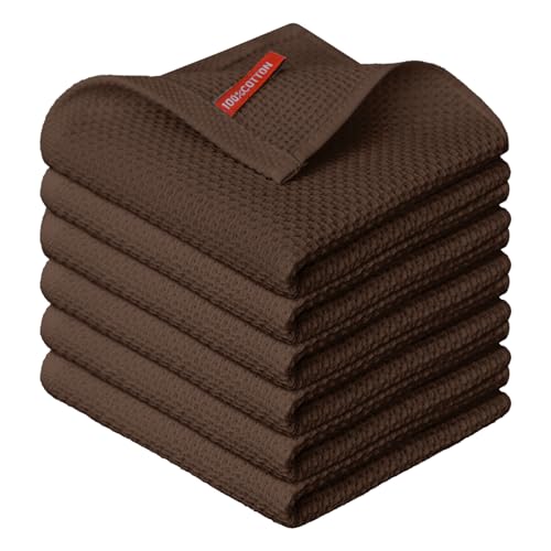 Artoid Mode 100% Cotton Dark Coffee Waffle Weave Kitchen Dish Cloths, 12x12 Inch Ultra Soft Absorbent Quick Drying Kitchen Dish Towels Set of 6