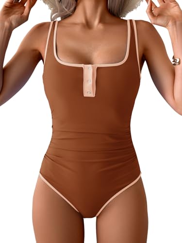 Image of B2prity One Piece Swimsuit for Women Tummy Control Ruched Slimming Bathing Suit Button Full Coverage Swimwear