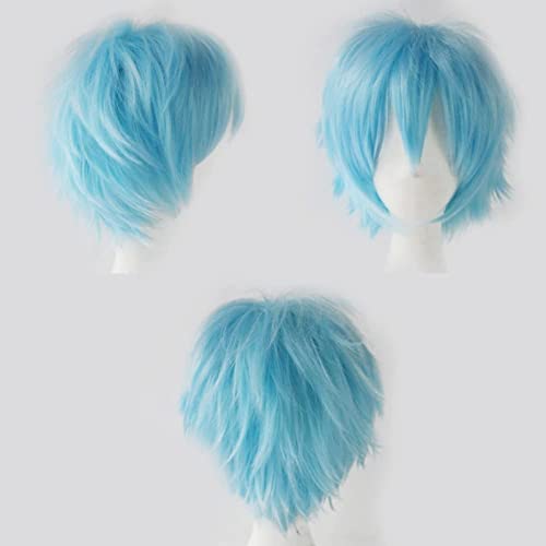 Cybelleza Anime Cosplay Wig - Short Synthetic Curly Straight Layered Fluffy Sky Blue Wig with Free Cap, 23 inches