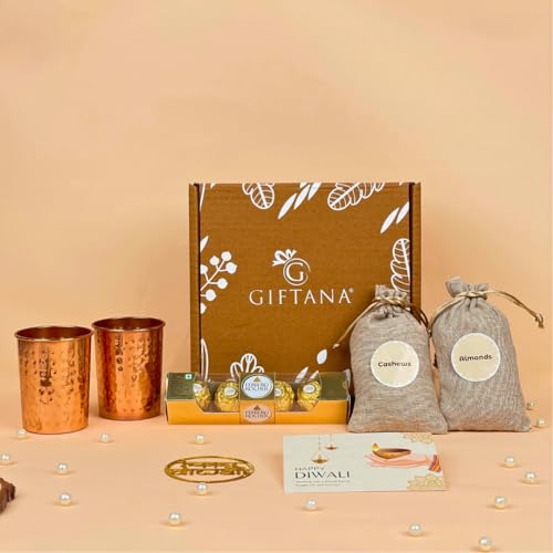 Image of Giftana Diwali Gift Hamper with 2 Copper Glasses with Chocolates, Greeting Card Gift Set for Men, Diwali Corporate Gift Set for Employees and Clients